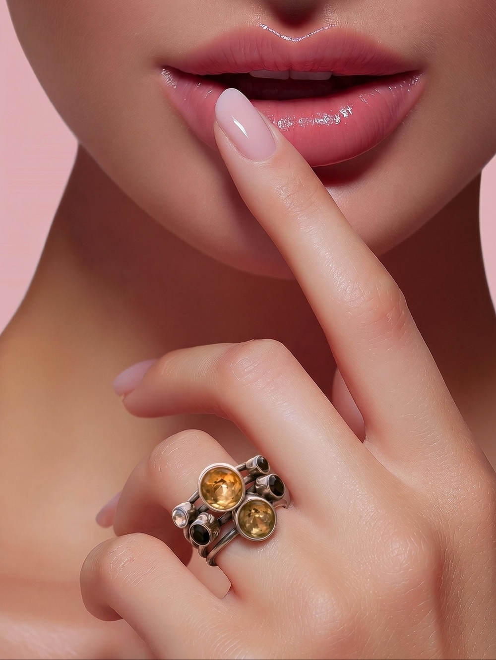 Fresh Sparkling 925 Silver SZ 6 Ring With Citrine, Smokey Quartz, Pearls